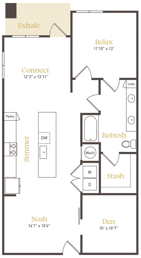 Floor plan for 1 bed, 1 bath, 1083 sqft